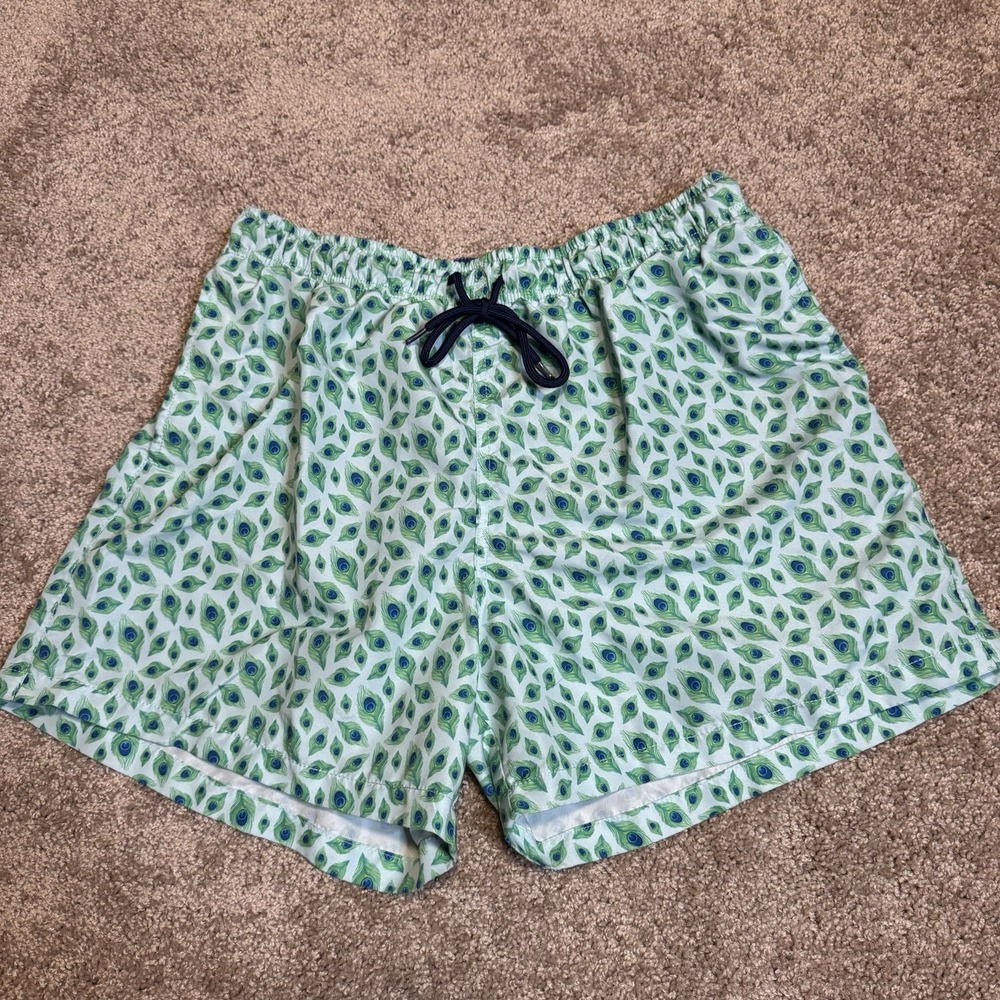 Happy Hour Bold Preppy Swim Trunks Mens Large Green Peacock Print‎ Shorts